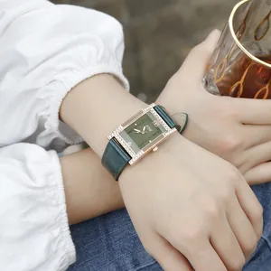 Elegant emerald green leather watch for women with square rose gold rhinestone case