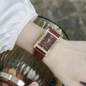 Women's elegant rectangular quartz watch with rhinestone rose gold case and brown leather strap