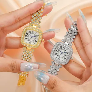 Women Fashion Square Rhinestone Watch Elegant Alloy Quartz Wristwatch With Blue Hands Arabic Numerals Dress Watch For Lady