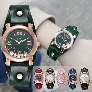 Montre À Quartz Vintage Pour Femme Avec Large Bracelet En Simili Cuir À Rivets Boîtier Or Rose Strass Mobiles Montre-Bracelet Analogique
