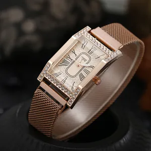 Luxurious rose gold rectangular women's watch with Roman numerals and rhinestone bezel