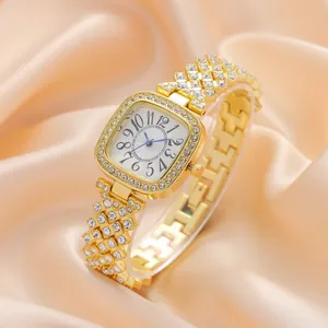 Elegant gold square watch for women with full diamond bezel and crystal chain strap