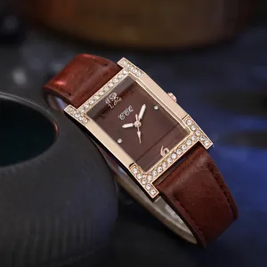 Women's quartz watch with square rose gold case, diamond bezel and brown leather strap
