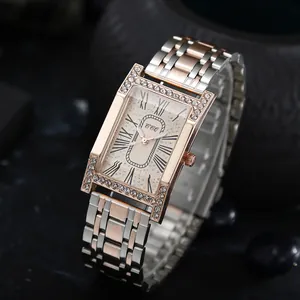 Rectangular quartz watch for women with starburst dial and rose gold bicolor band