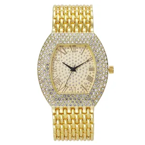 Luxury gold-tone watch featuring a crystal-encrusted dial and Roman numeral markers