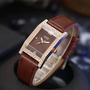 Square women's quartz watch with rhinestone bezel and brown leather strap