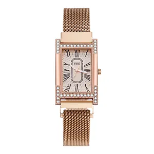 Elegant rose gold square quartz watch for women with diamond-set H-shaped case and mesh band