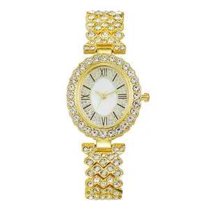 Luxurious gold-tone quartz watch for women with sparkling rhinestones and Roman numerals