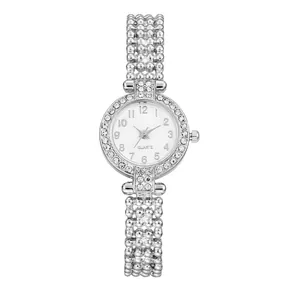Women's silver fashion quartz watch with crystal bezel and steel bead link bracelet