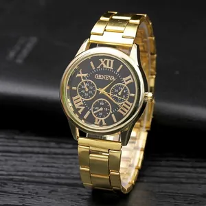 Classic men's gold stainless steel quartz watch with black dial and Roman numerals