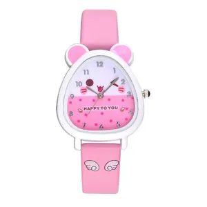 Pink cartoon bear-shaped children's quartz watch with happy face and wing silicone strap
