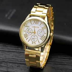 Classic gold stainless steel watch for men with white Roman numeral dial on black background