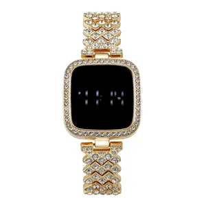 Luxury gold stainless steel digital watch for women with sparkling rhinestone crystals