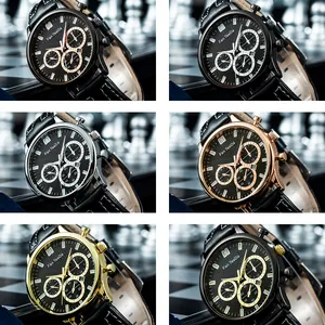 Orologi da uomo al quarzo con cinturino in pelle nera e varie finiture della cassa in metallo