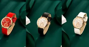 Detailed comparison of red, black, and white quartz watches with clover dial patterns