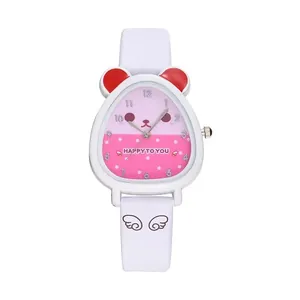 Cartoon quartz watch for kids featuring pink gradient dial and white silicone strap