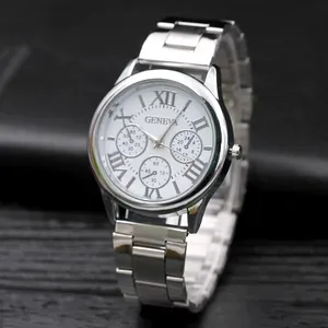 Close-up of Geneva silver steel watch with Roman numerals and white dial display