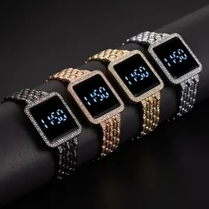 Luxury Iced Out Square Dial LED Digital Watch For Women Fashion Rhinestone Alloy Strap Touch Screen Decorative Wristwatch