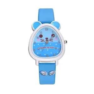 Cute cartoon kids quartz watch with blue silicone strap and white mouse case design