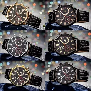 Six quartz men watches with leather straps and date display in grid layout
