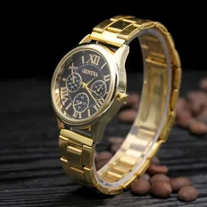 Detail of golden steel watch band and black dial with Roman numerals by Geneva
