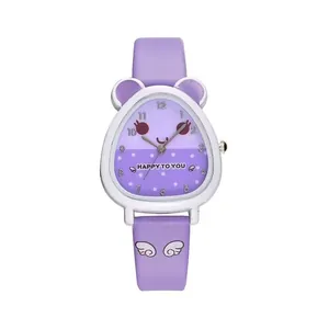 Close-up of purple cartoon quartz watch with animal ear bezel and wing pattern strap