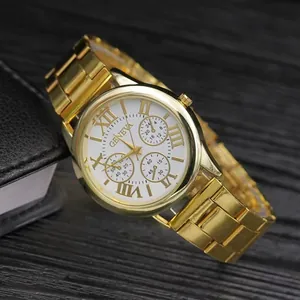 Classic Geneva business watch with gold steel strap and white Roman numeral dial