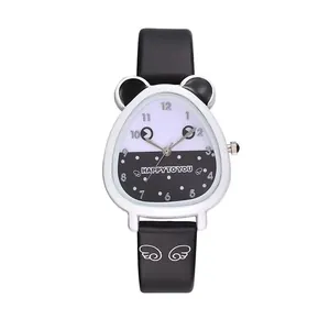 Cute panda-shaped cartoon quartz watch with black and white wings pattern strap for girls