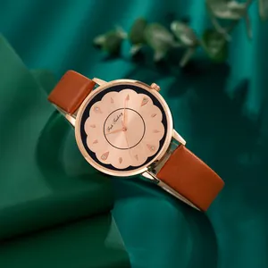 Montre à Quartz Femme Élégante Boîtier Or Rose Cadran Motif Fleur Bracelet en Similicuir Montre-Bracelet Analogique Décontractée Bijoux
