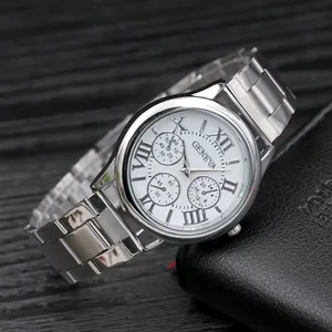 Silver Geneva steel mesh watch with white Roman dial and decorative sub-dials for men