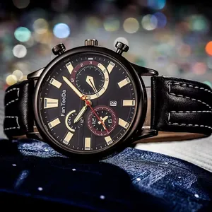Men's business watch with black leather strap and calendar display on dark metal dial