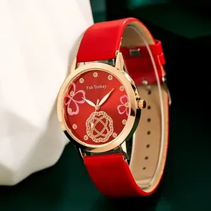 Women Fashion Quartz Watch Floral Pattern Rhinestone Dial Faux Leather Strap Alloy Case Casual Elegant Ladies Wristwatch