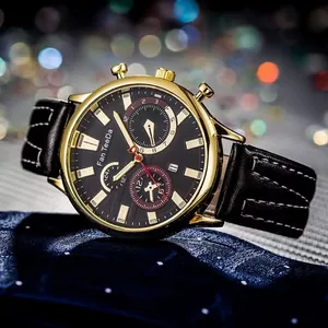 Men's business quartz watch with gold case, black dial, calendar and leather strap