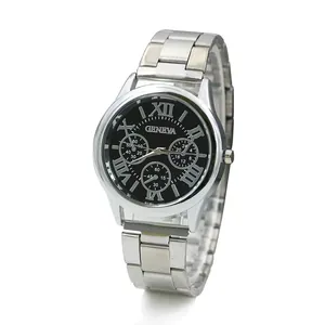 Classic men's quartz watch with silver steel strap, black dial, and Roman numerals