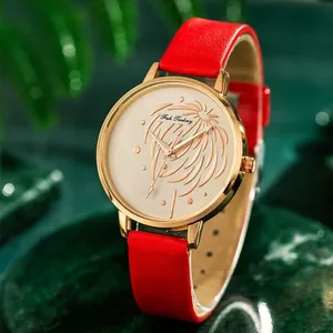 Montre à Quartz de Mode pour Femme Boîtier en Alliage Bracelet en Similicuir Élégant Motif Floral Analogique Accessoire Quotidien