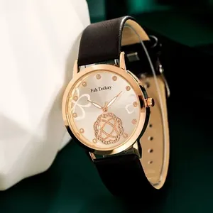 Fashionable floral dial watch with rose gold case and black leather strap for women