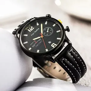 Men's fashion black quartz watch with leather strap and date display on large dial