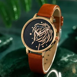 Montre femme élégante avec boîtier or rose, bracelet cuir brun et cadran motif feu d'artifice