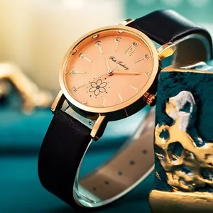 Damen Mode Quarzuhr Roségold Legierung Gehäuse Kunstleder Armband Floral Muster Zifferblatt Strass Akzente Lässige Armbanduhr