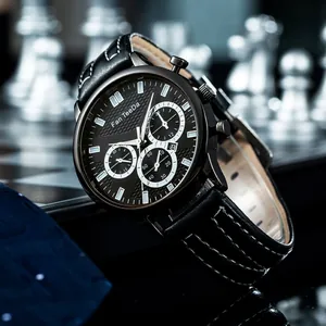 Orologio uomo al quarzo business con cinturino in pelle nera e cronografi multifunzione