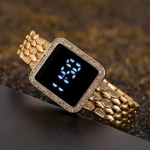 Women's gold LED watch with square diamond bezel and honeycomb metal link strap