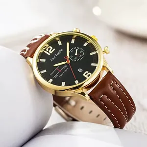 Fashionable men's business quartz watch with gold alloy case and brown leather strap