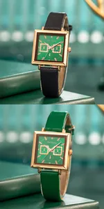 Close-up of elegant square emerald quartz watches with gold cases and leather straps