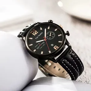 Men's fashion quartz watch with black leather strap and rose gold calendar dial