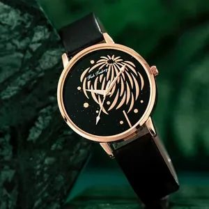 Montre à quartz élégante en or rose pour femme avec bracelet en cuir noir et cadran fleuri