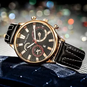 Men's business watch with rose gold case, black dial, calendar and leather strap