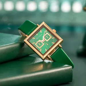 Women's Retro Square Quartz Watch Green Dial Faux Leather Strap Gold Alloy Case Elegant Casual Ladies Wristwatch