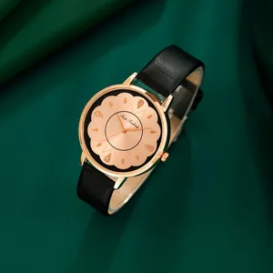 Montre à quartz élégante pour femme avec boîtier en or rose et bracelet en cuir noir sur soie