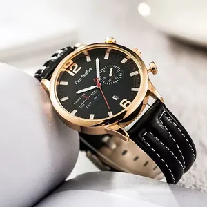 Men's fashion business quartz watch with rose gold case and black leather strap with calendar