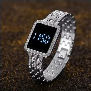 Elegant silver square LED watch for women featuring full diamond inlay and blue digital display